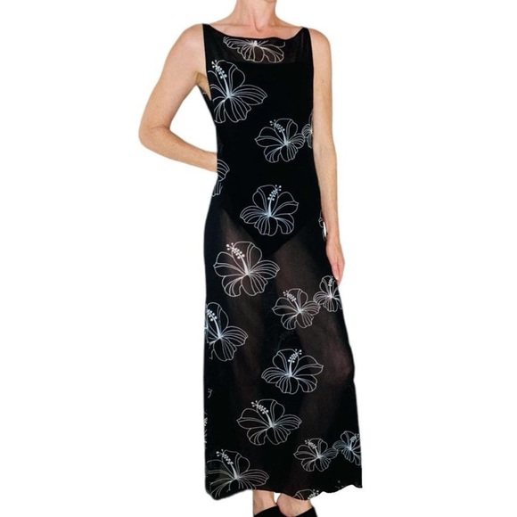 Vintage Y2K Vivienne Tam Black & White Hibiscus Floral Sheer Maxi Dress
